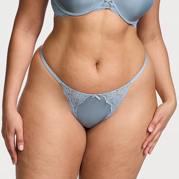 Victoria's Secret Dream Angels Lace-Trim V-String Panty Faded Denim Medium NEW - Picture 5 of 7